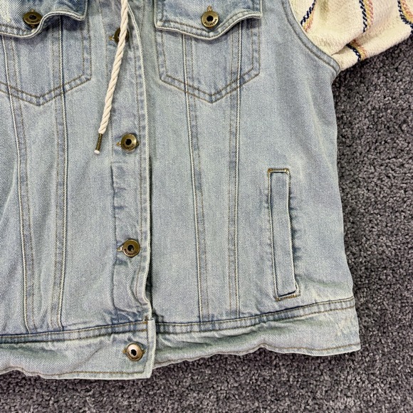 Billabong Jacket Womens Medium Blue Denim Hooded Striped Sleeves Boho Casual - Picture 11 of 14